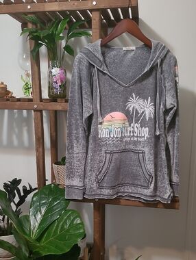 Ron Jon Heavily Distressed Gray Hoodie with Sunset Graphic
